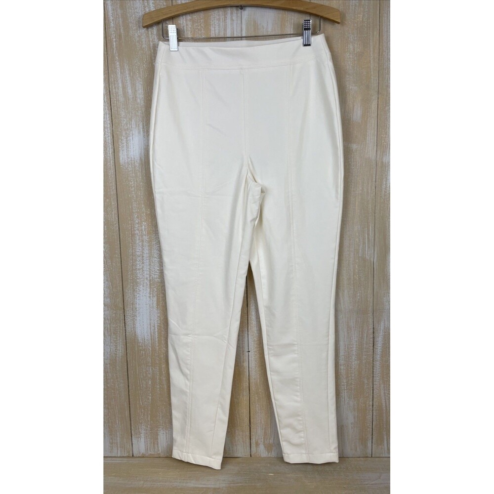 NWT CI Sono Stretch Vegan Leather Women's Ecru High Waisted Pull-On Pants Sz L